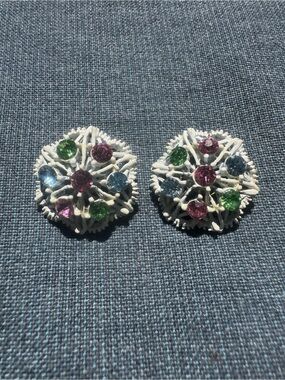 Vintage Multi-Color Crystal Floral Clip-On Earrings - White Base